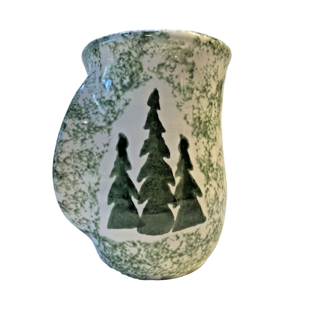 VTG 2000 Signed Neher Pottery Hand Warmer Mug Christmas Pine Trees Right Handed